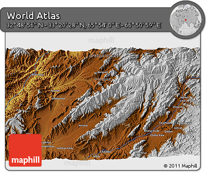 Physical 3D Map of the Area around 33° 4' 42" N, 66° 22' 30" E