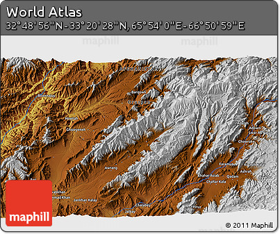 Physical 3D Map of the Area around 33° 4' 42" N, 66° 22' 30" E