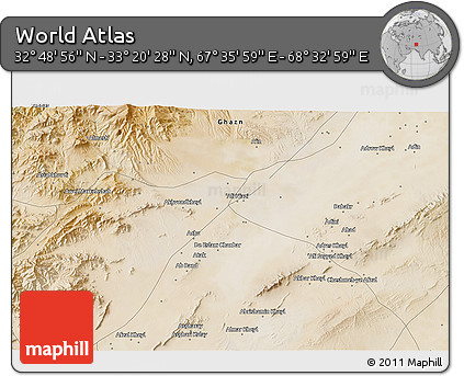 Satellite 3D Map of the Area around 33° 4' 42" N, 68° 4' 29" E