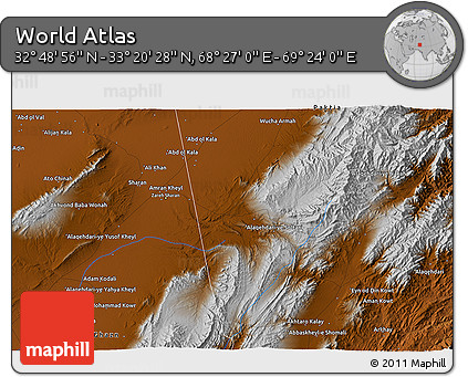 Physical 3D Map of the Area around 33° 4' 42" N, 68° 55' 30" E