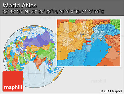 Political Location Map of the Area around 33°&nbsp;4'&nbsp;42"&nbsp;N,&nbsp;70°&nbsp;37'&nbsp;30"&nbsp;E