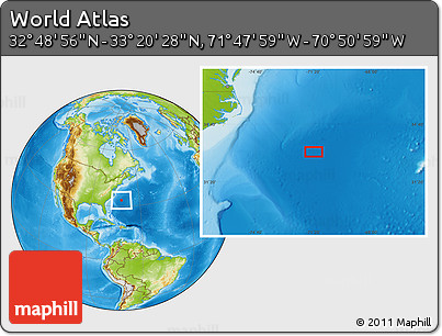 Physical Location Map of the Area around 33° 4' 42" N, 71° 19' 29" W