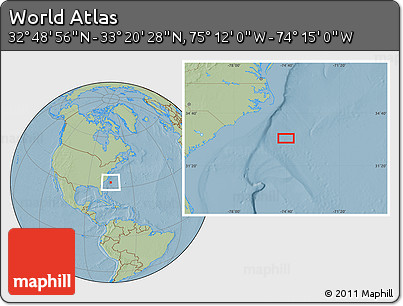 Savanna Style Location Map of the Area around 33° 4' 42" N, 74° 43' 29" W, hill shading