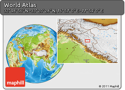 Physical Location Map of the Area around 33° 4' 42" N, 77° 25' 30" E