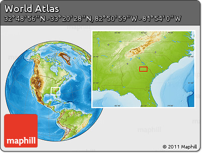 Physical Location Map of the Area around 33° 4' 42" N, 82° 22' 30" W