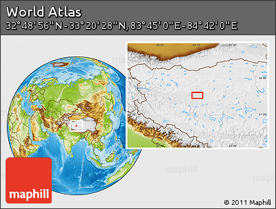 Physical Location Map of the Area around 33° 4' 42" N, 84° 13' 29" E