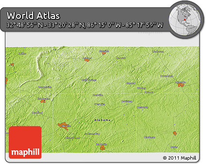 Physical 3D Map of the Area around 33° 4' 42" N, 85° 46' 30" W