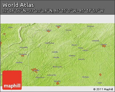 Physical 3D Map of the Area around 33° 4' 42" N, 85° 46' 30" W