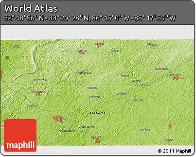 Physical 3D Map of the Area around 33° 4' 42" N, 85° 46' 30" W