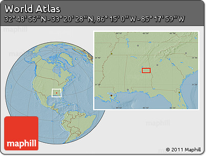 Savanna Style Location Map of the Area around 33° 4' 42" N, 85° 46' 30" W, hill shading