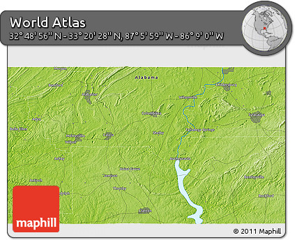 Physical 3D Map of the Area around 33° 4' 42" N, 86° 37' 30" W
