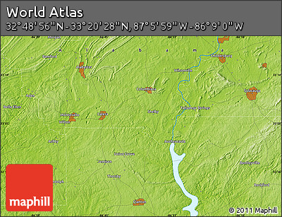 Physical Map of the Area around 33° 4' 42" N, 86° 37' 30" W