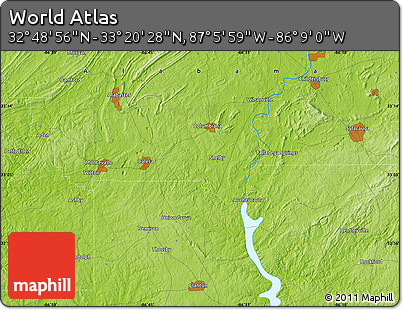 Physical Map of the Area around 33° 4' 42" N, 86° 37' 30" W