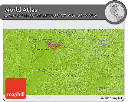 Physical 3D Map of the Area around 33° 4' 42" N, 87° 28' 29" W
