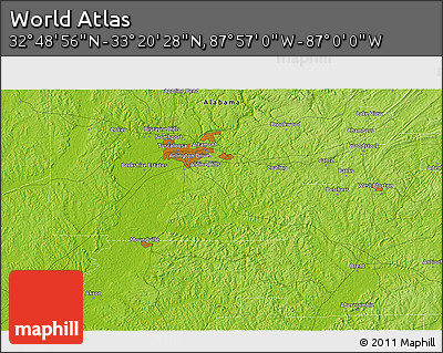 Physical 3D Map of the Area around 33° 4' 42" N, 87° 28' 29" W