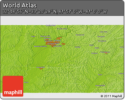 Physical 3D Map of the Area around 33° 4' 42" N, 87° 28' 29" W