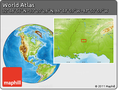 Physical Location Map of the Area around 33° 4' 42" N, 88° 19' 29" W