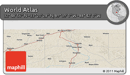 Shaded Relief Panoramic Map of the Area around 33° 4' 42" N, 89° 10' 30" W