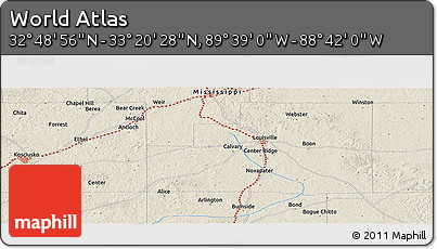Shaded Relief Panoramic Map of the Area around 33° 4' 42" N, 89° 10' 30" W