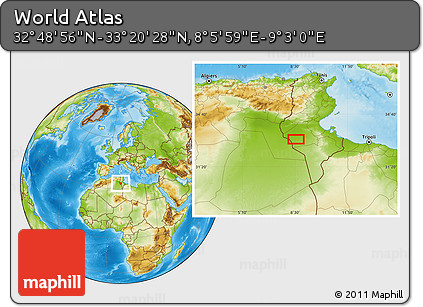 Physical Location Map of the Area around 33° 4' 42" N, 8° 34' 29" E