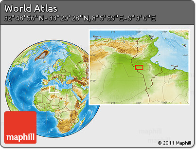 Physical Location Map of the Area around 33° 4' 42" N, 8° 34' 29" E