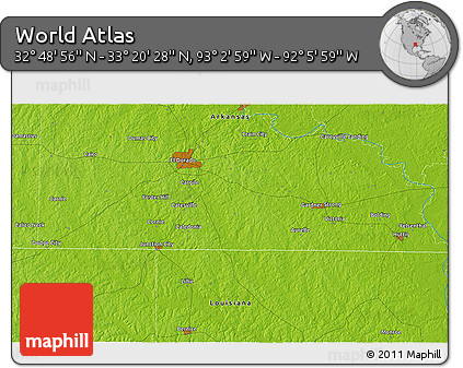 Physical 3D Map of the Area around 33° 4' 42" N, 92° 34' 29" W