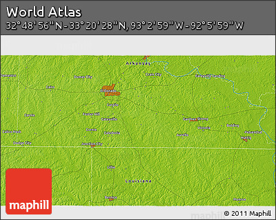 Physical 3D Map of the Area around 33° 4' 42" N, 92° 34' 29" W