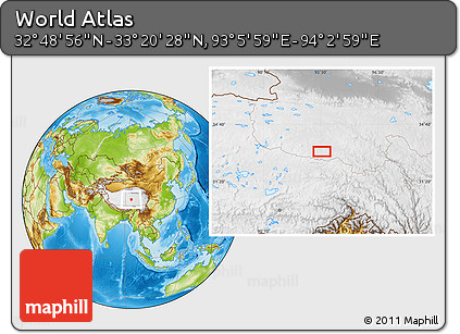 Physical Location Map of the Area around 33° 4' 42" N, 93° 34' 29" E