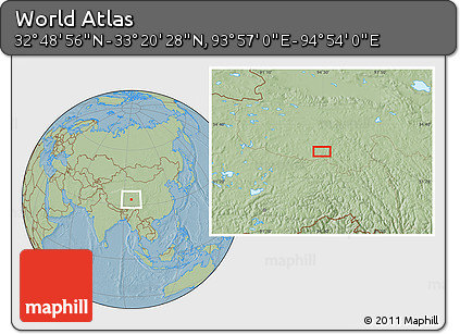 Savanna Style Location Map of the Area around 33° 4' 42" N, 94° 25' 30" E, hill shading