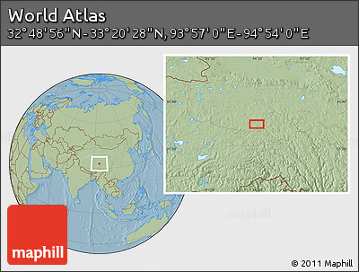 Savanna Style Location Map of the Area around 33° 4' 42" N, 94° 25' 30" E, hill shading
