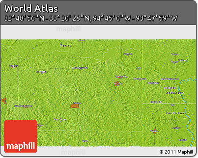Physical 3D Map of the Area around 33° 4' 42" N, 94° 16' 30" W