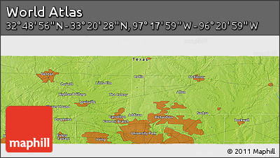 Physical Panoramic Map of the Area around 33° 4' 42" N, 96° 49' 29" W