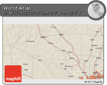 Shaded Relief 3D Map of the Area around 33° 4' 42" N, 97° 40' 30" W
