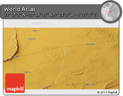 Physical 3D Map of the Area around 33° 32' 52" N, 0° 4' 30" E