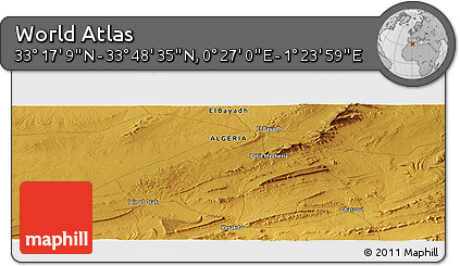 Physical Panoramic Map of the Area around 33° 32' 52" N, 0° 55' 29" E