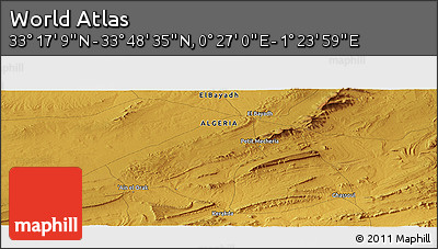 Physical Panoramic Map of the Area around 33° 32' 52" N, 0° 55' 29" E