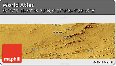 Physical Panoramic Map of the Area around 33° 32' 52" N, 0° 55' 29" E