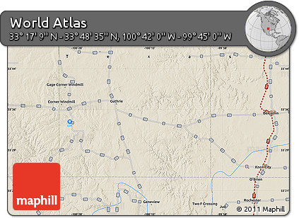 Shaded Relief Map of the Area around 33° 32' 52" N, 100° 13' 29" W