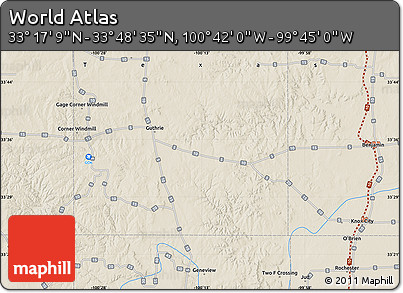 Shaded Relief Map of the Area around 33° 32' 52" N, 100° 13' 29" W