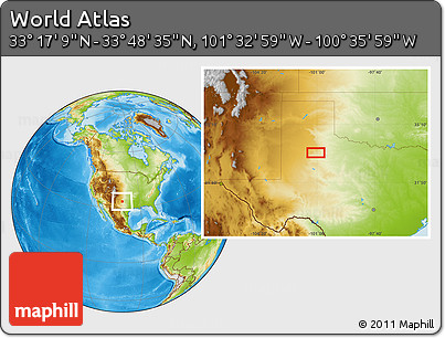 Physical Location Map of the Area around 33° 32' 52" N, 101° 4' 29" W