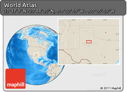 Shaded Relief Location Map of the Area around 33° 32' 52" N, 101° 4' 29" W