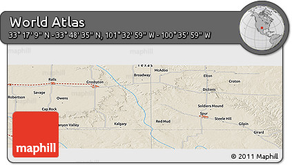 Shaded Relief Panoramic Map of the Area around 33° 32' 52" N, 101° 4' 29" W