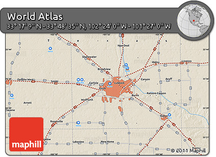 Shaded Relief Map of the Area around 33° 32' 52" N, 101° 55' 30" W