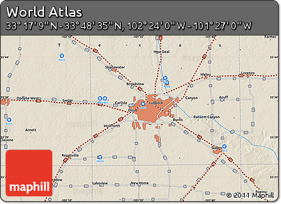 Shaded Relief Map of the Area around 33° 32' 52" N, 101° 55' 30" W