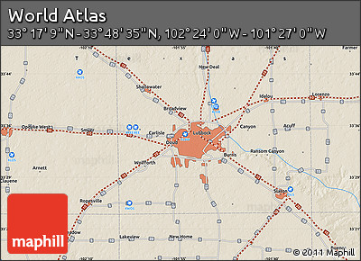 Shaded Relief Map of the Area around 33° 32' 52" N, 101° 55' 30" W