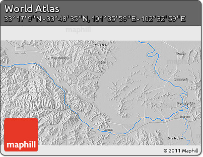 Physical 3D Map of the Area around 33° 32' 52" N, 102° 4' 29" E
