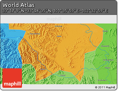 Political 3D Map of the Area around 33° 32' 52" N, 102° 4' 29" E