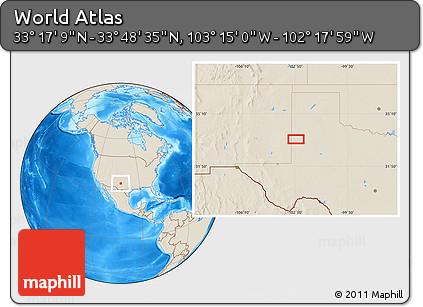 Shaded Relief Location Map of the Area around 33° 32' 52" N, 102° 46' 30" W