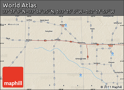 Shaded Relief Map of the Area around 33° 32' 52" N, 102° 46' 30" W