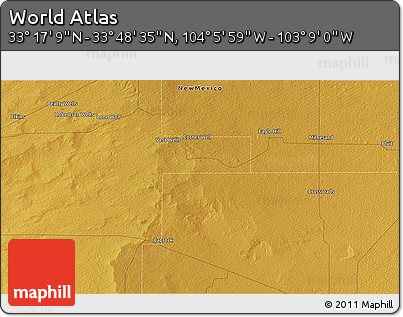 Physical 3D Map of the Area around 33° 32' 52" N, 103° 37' 30" W